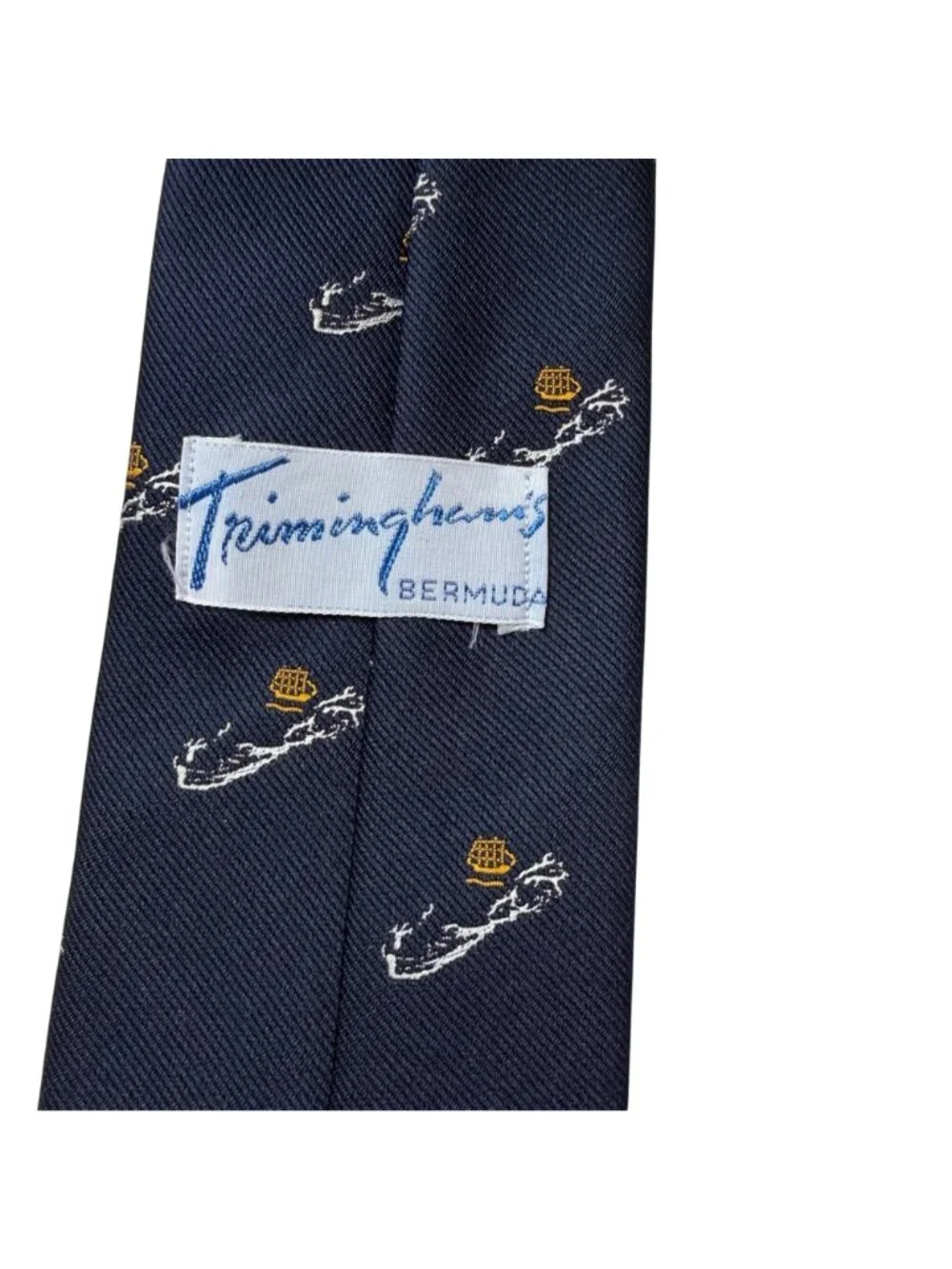 VTG Trimminghams Bermuda Mens Nautical Tie Navy Blue Embroidered Gold Ship Short